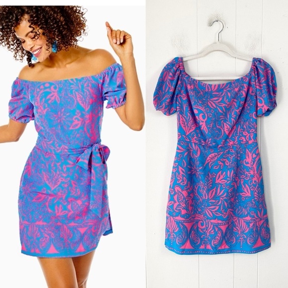 Lilly Pulitzer Jada Off-The-Shoulder Romper  Size 0 Pink Blue Missing Tie Waist - Picture 1 of 15